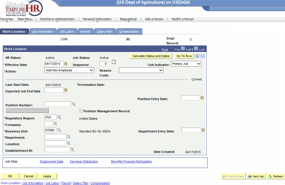 Add a Person Page - Work Location Tab